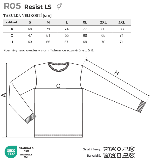 R05 Resist LS triko unisex Tabulka velikostí